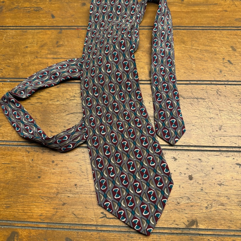 Geometric Pattern Silk Necktie Burgundy Teal Gold Men's‎ Formal Accessory